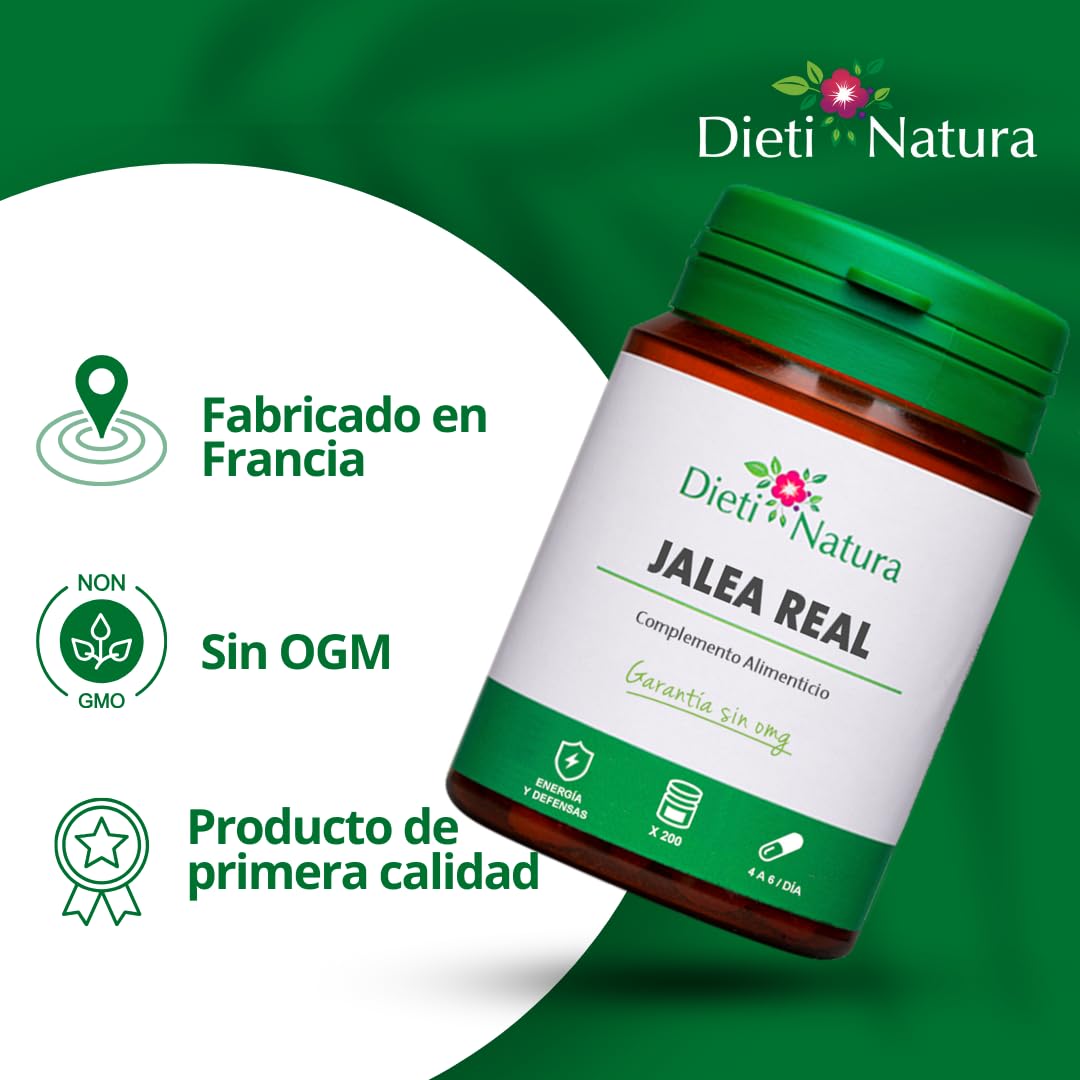 DIETI NATURA Jalea Real Pura 200 Cápsulas con Vitaminas, Oligoelementos, Minerales, Ácidos Grasos Esenciales para Energía y Defensa Inmunológica - Jalea Real Adultos (200 Cápsulas)