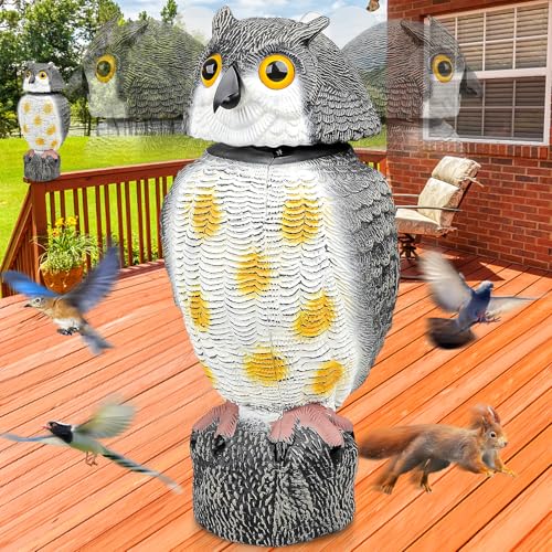 JNKNT Owl Decoy to Scare Birds Away,Fake Plastic Owl Bird Deterrents for Bird & Squirrel Control, Waterproof Rotating Head Garden Owls Statue for Yard Garden (Yellow, Standard)