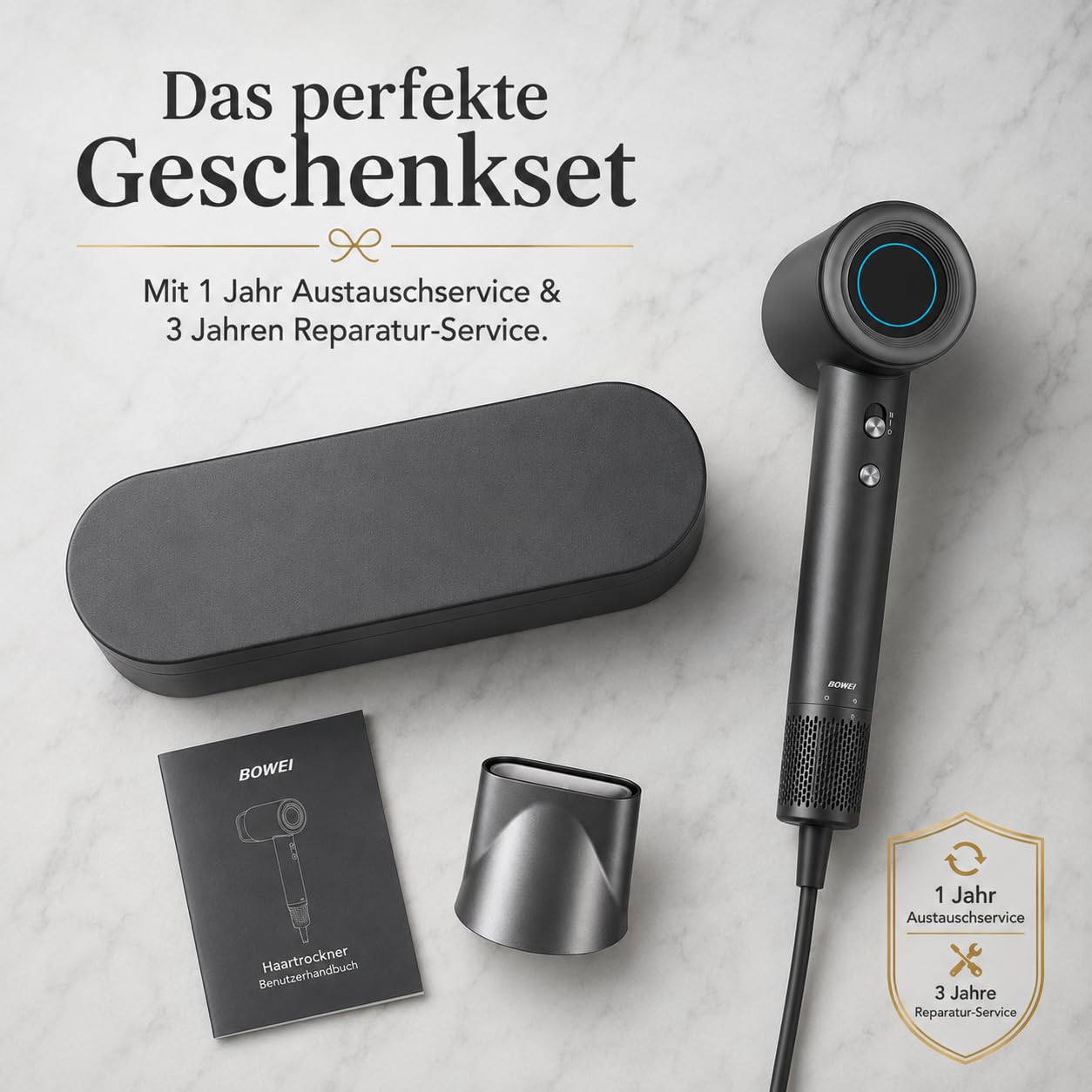 Hochgeschwindigkeits Föhn mit Premium PU Hartschalenbox, Schnelles Trocknen, 110.000 U/min Ionen Haartrockner, 59dB Leise, 200 Mio. Negativ-Ionen, LCD Display, NTC Temperaturregelung