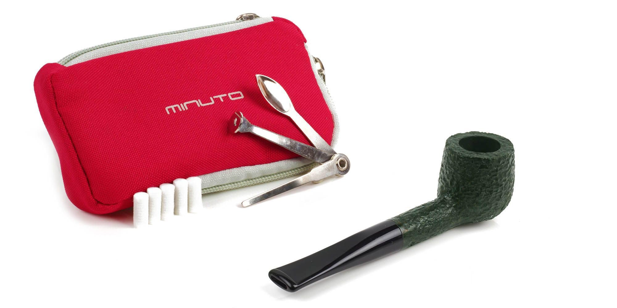 Savinelli Minuto Pfeife aus Wurzelholz, dunkelgrün, Modell 109, klassisches Billiard, 6 mm Loch, komplett mit Minuto Pfeifenbehälter, Filter und Pfeifenpfleger mit Zubehör