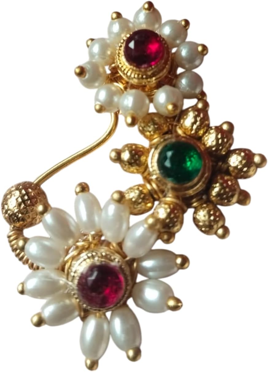 ArtNestTraditional Golden Nose Pin or Nath | Maharashtrian Pearl Design | Ethnic Round Nose Ring | Indian Bridal Jewelry | Women's Festival Accessory (N12)
