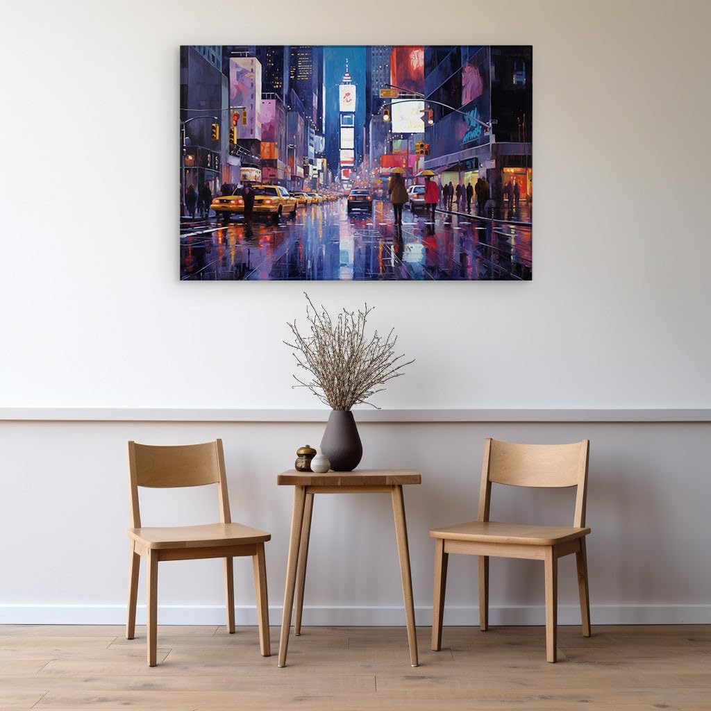 Canvas for Living room. Bright Lights, Rainy Nights: The Vibrant Pulse of Times Square, 27 x 18 inch Canvas Wall Art - Contemporary Masterpieces - Modern Home Decor