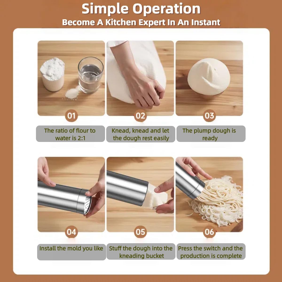 Electric Handheld Pasta Maker, Cordless Noodle Machine with Digital Display & 5 Molds, 15s to Make Fresh Linguine Pasta, Portable Automatic for Home Kitchen, Outdoor Camping (Beige)