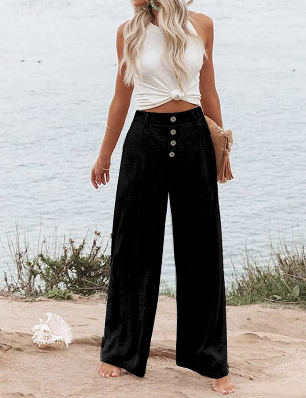 Womens High Waisted Wide Leg Palazzo Pants Casual Lounge Boho Flowy Pants with Pockets - Image 3