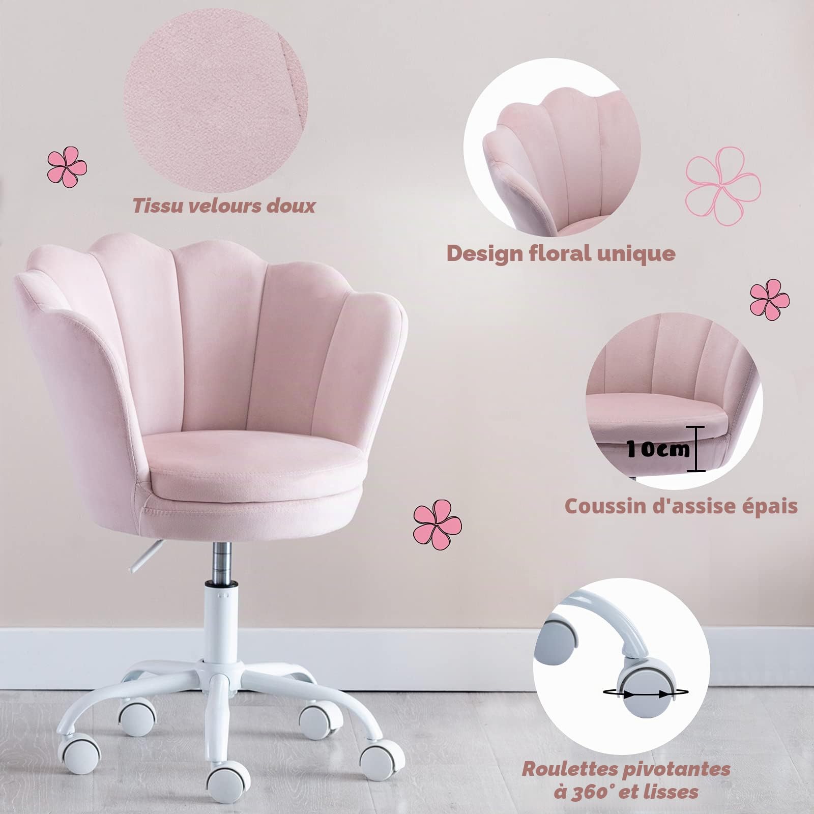 Wahson Chaise de Bureau pour Fille, Chaise Bureau Enfant Fauteuil Bureau Pivotant pour Adolescents Chaise de Bureau Chambre en Velours, Rose Clair
