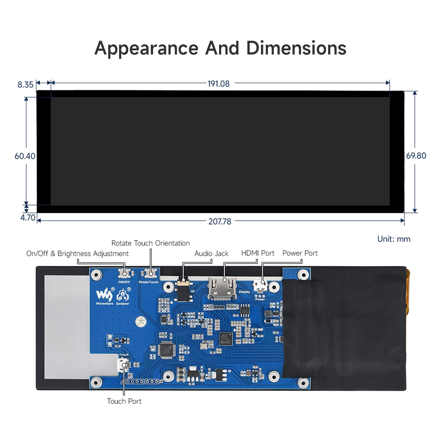 LUCKFOX 7.9inch HDMI Touchscreen LCD Display, 400(H) x 1280(V) Pixels IPS Screen, 60Hz Computer Monitor, for Raspberry Pi OS/Ubuntu/Jetson Nano/PC Windows 11/10/8.1/8/7