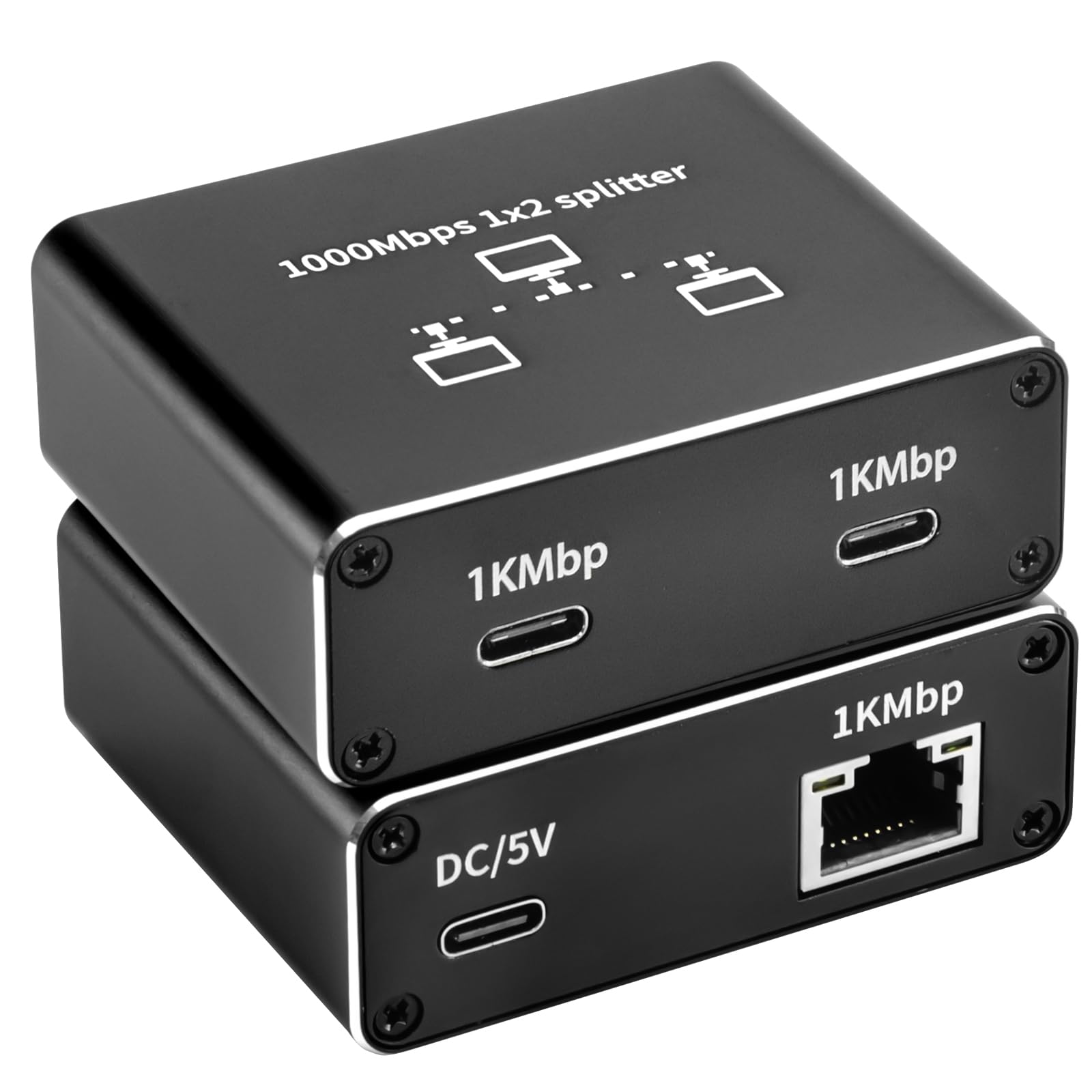 - Gigabit Ethernet Adapter 1 in 2 Out (Dual Type C Output), 1000Mbps High Speed Internet Splitter (2 Device Simultaneously Networking), LAN Splitter Black (RJ-SP102C)