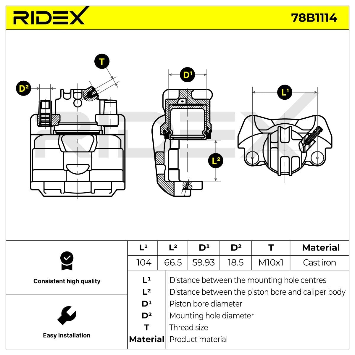 RIDEX 78B1114 Pinza de freno Delantero Derecha Delantero sin soporte Compatible con CITROËN C4 II Hatchback NC