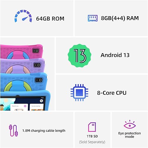 Miniatura 3 de Tablet para niños mejorada 2024, tableta Android 13 de 10 pulgadas para niños con funda EVA a prueba de golpes, octa-Core, 4 GB+64 GB, WiFi,