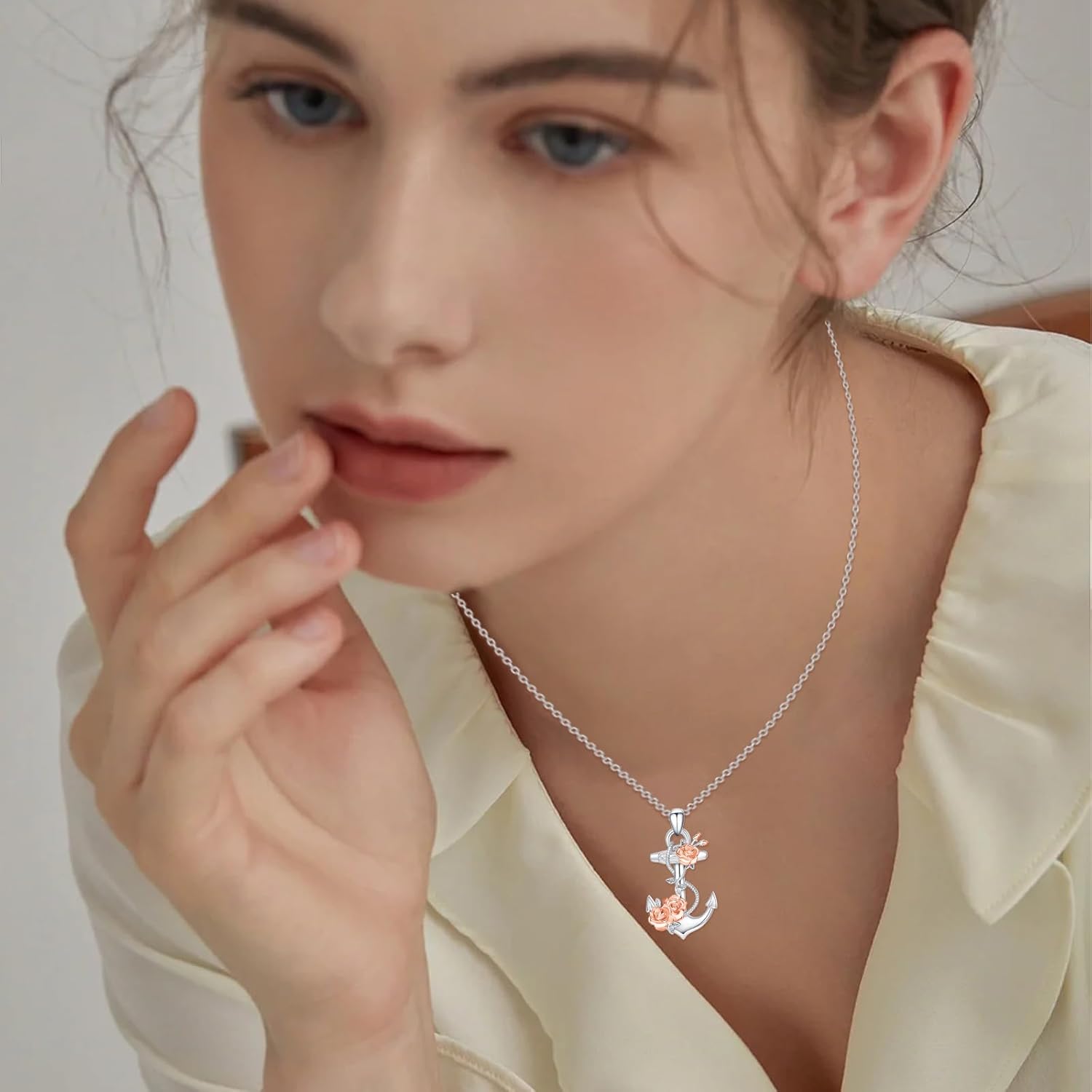 Anchor Necklace for Women 925 Sterling Silver Anchor Pendant Necklace with Rose Charm Jewelry Gifts for Women