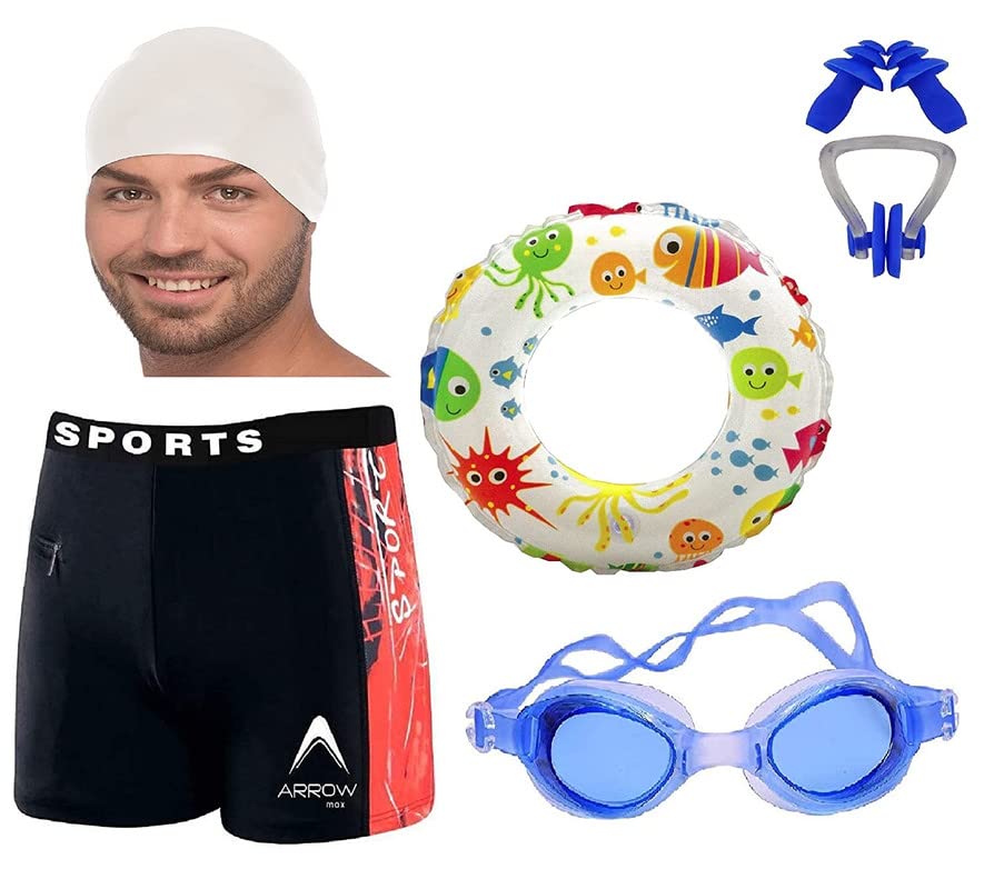 Image of LEBAMI Boys Swimming Kit with 1 Swimming Shorts | Costume | Trunk 1 Anti Fog Swimming Goggles Swim Ring Swimming Cap 1 Nose Clip 2 Ear Plugs Multi-Color