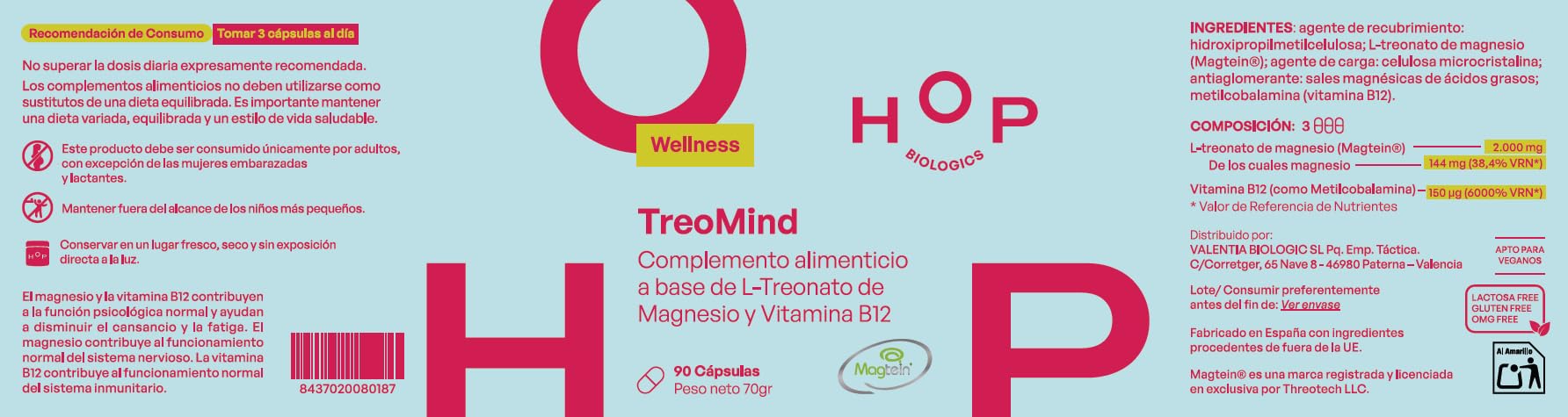 TreoMind L-Treonato de Magnesio con Vitamina B12, 2000mg, Suplemento Vegano, 90 Cápsulas