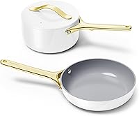 Caraway Mini Cookware Set: 8" Ceramic Non-Stick Fry Pan, 1.75qt Sauce Pan & Rack - Non-Toxic, PTFE/PFOA-Free, Oven-Safe White