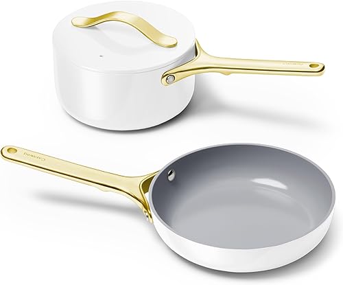Caraway Juego de mini utensilios de cocina, sartén antiadherente de cerámica (1.05 cuartos de galón, 8 pulgadas) (1.75 cuartos de galón) y estante