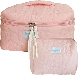 Quilted Makeup Bag 2 Pcs Large Travel Coquette Aesthetic Cute Floral Makeup Bag Coquette Makeup Organizer Bag Quilted Cosmetic Pouch for Women Girls,Pink
