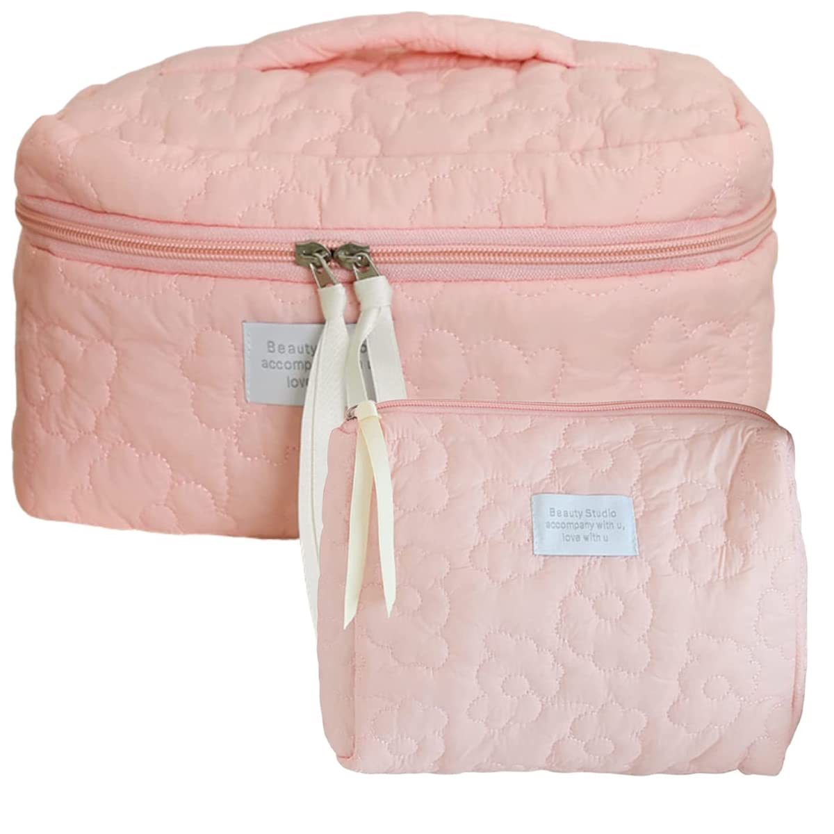 Large Quilted Makeup Bag, Coquette Makeup Bag, Cotton Cosmetic Bag Aesthetic Cute Floral Makeup Organizer Bag for Women Girls,Pink