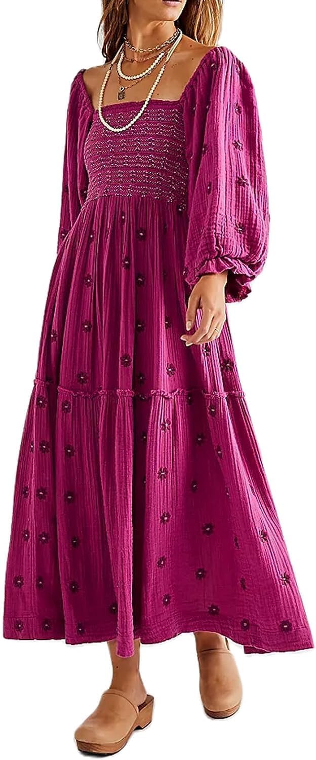 Willow Dance Women Casual Bohemian Floral Dress Square Neck Ruffle Swing A Line Long Sleeve Beach Maxi Dress with Pockets
