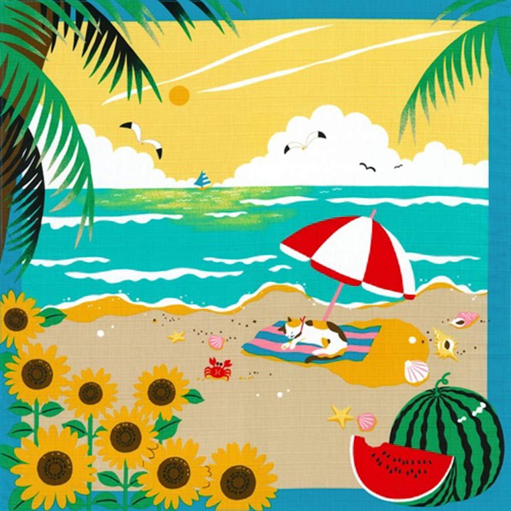 Yu-Soku Red, Yellow, Green, Blue Furoshiki- Japanese Wrapping Cloth (Sketches Of Cat : Summer Vacation In Japan)