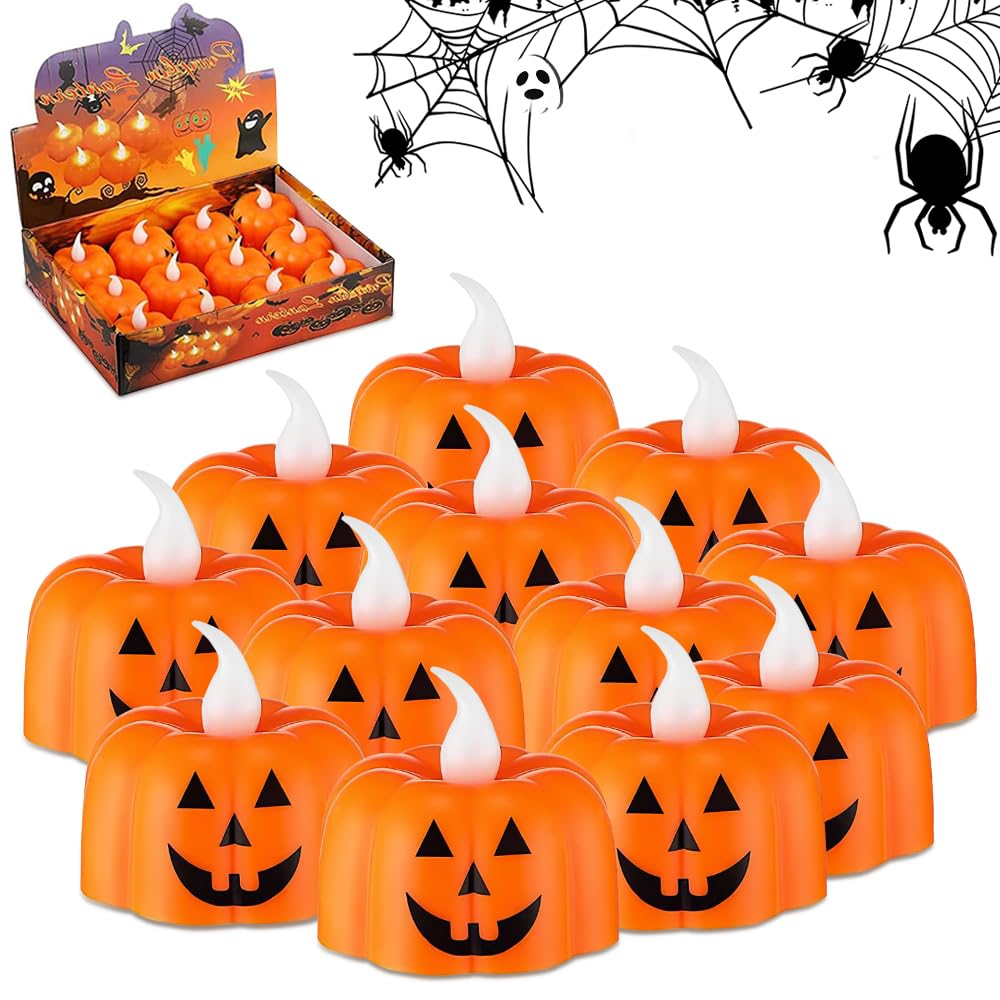 Aongray Pumpkin 12Pcs Tealights Candles Flameless Halloween Party Decorations, Flickering Candle Lights Battery Operated Led Tea Lights - 3D Orange Lanterns Candles For Halloween Parties