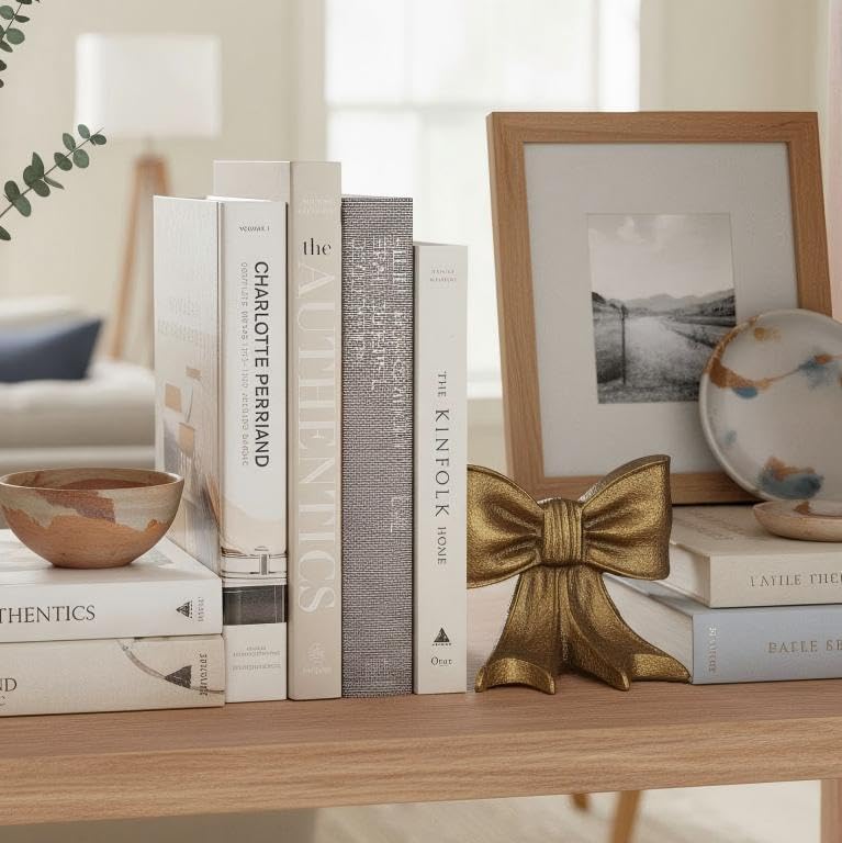 Miniatura 8 de Juego de 2 sujetalibros de metal con lazo dorado de hierro fundido resistente para libros pesados, soportes decorativos únicos y modernos para