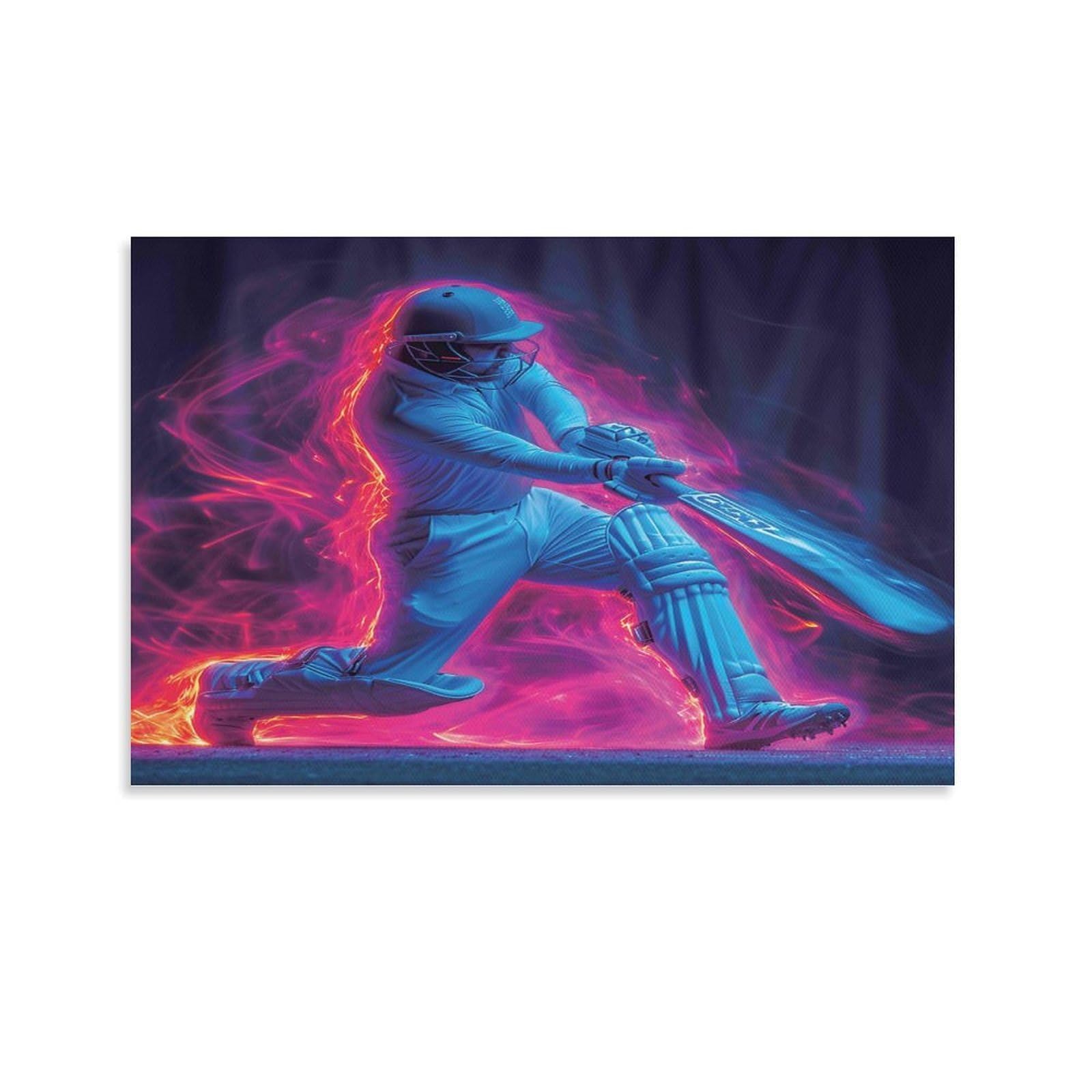CPLVKWRQJ Cricket Player Action Single Neon Cricket Batsman Canvas Print - Office Wall Focal Art Fade Resistant Statement Piece Ready to Hang 12x18inch(30x45cm)