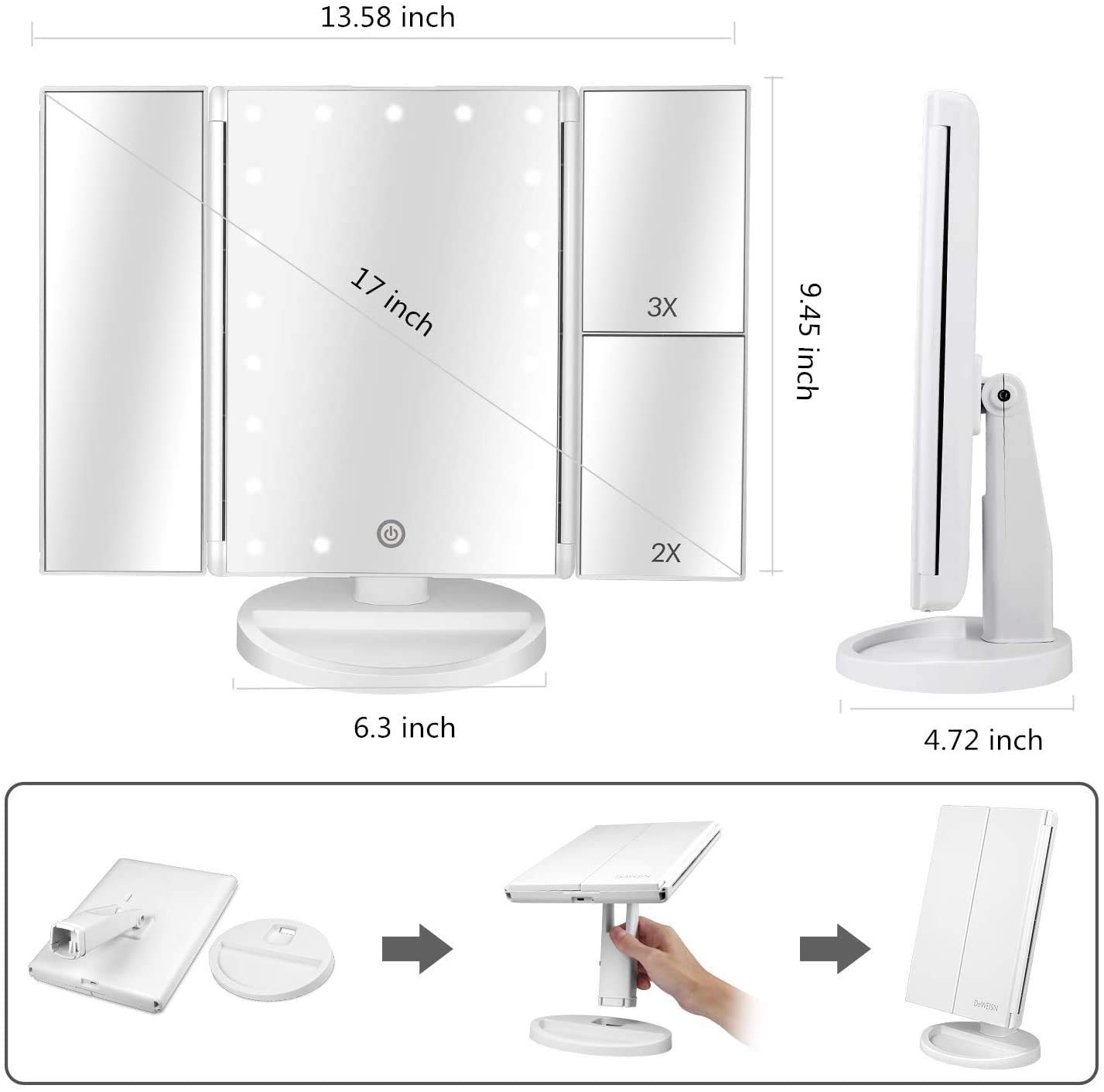 DEWEISN Specchio Trucco con Luci 21 LEDs, Specchio di Vanity Trifold Pieghevole Ruota di 180° Ingrandimento 1x / 2x / 3x Specchio per il Trucco Touchscreen Dimmerabile per Cura Della Pelle (Bianco)