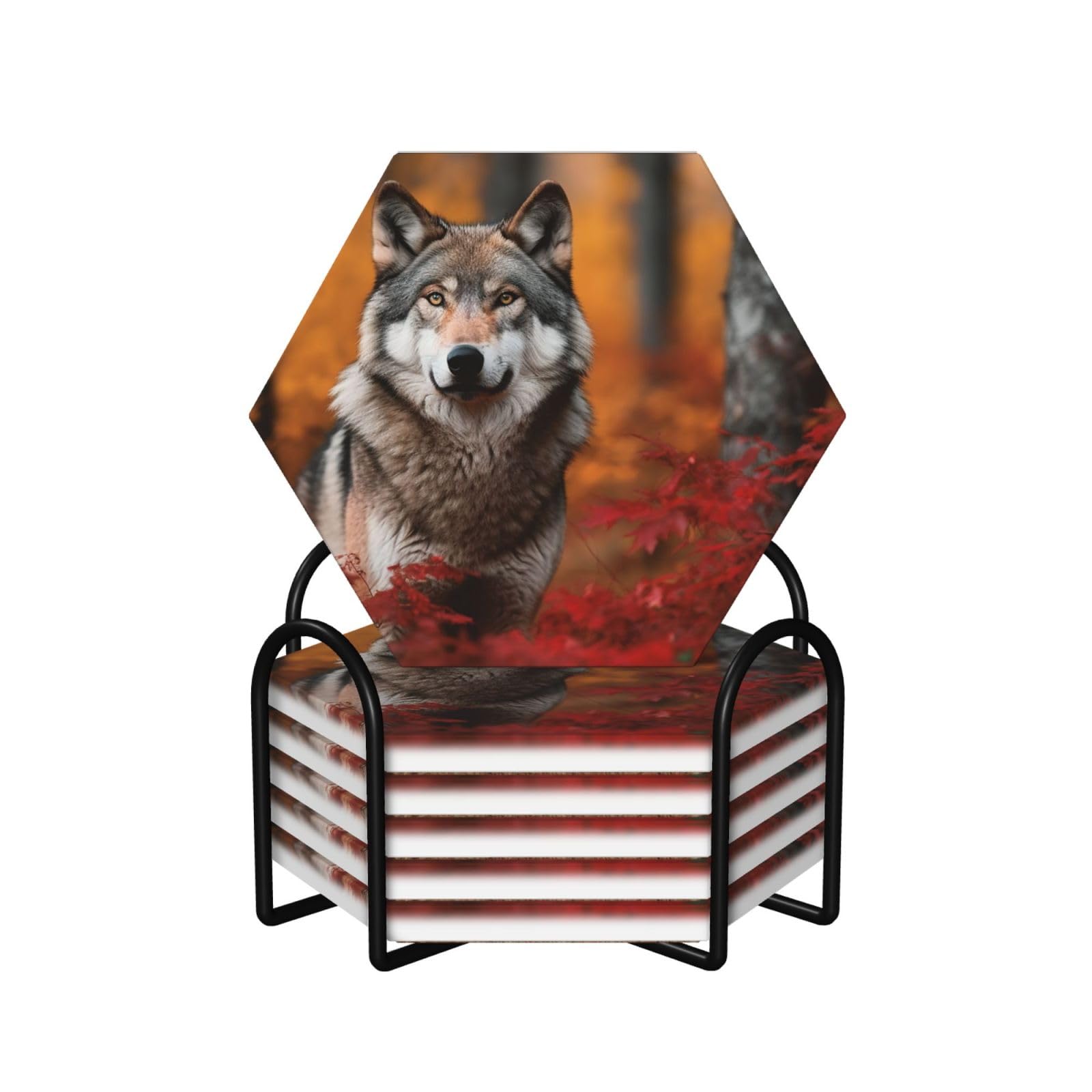 6Pcs Ceramics Coaster for Drinks, Autumn Animals Wolf Cup Coasters with Holder, Aesthetic Drink Coasters for Coffee Table, Absorbent Round Coaster for Tabletop Protection 4" Cup Mat Pad
