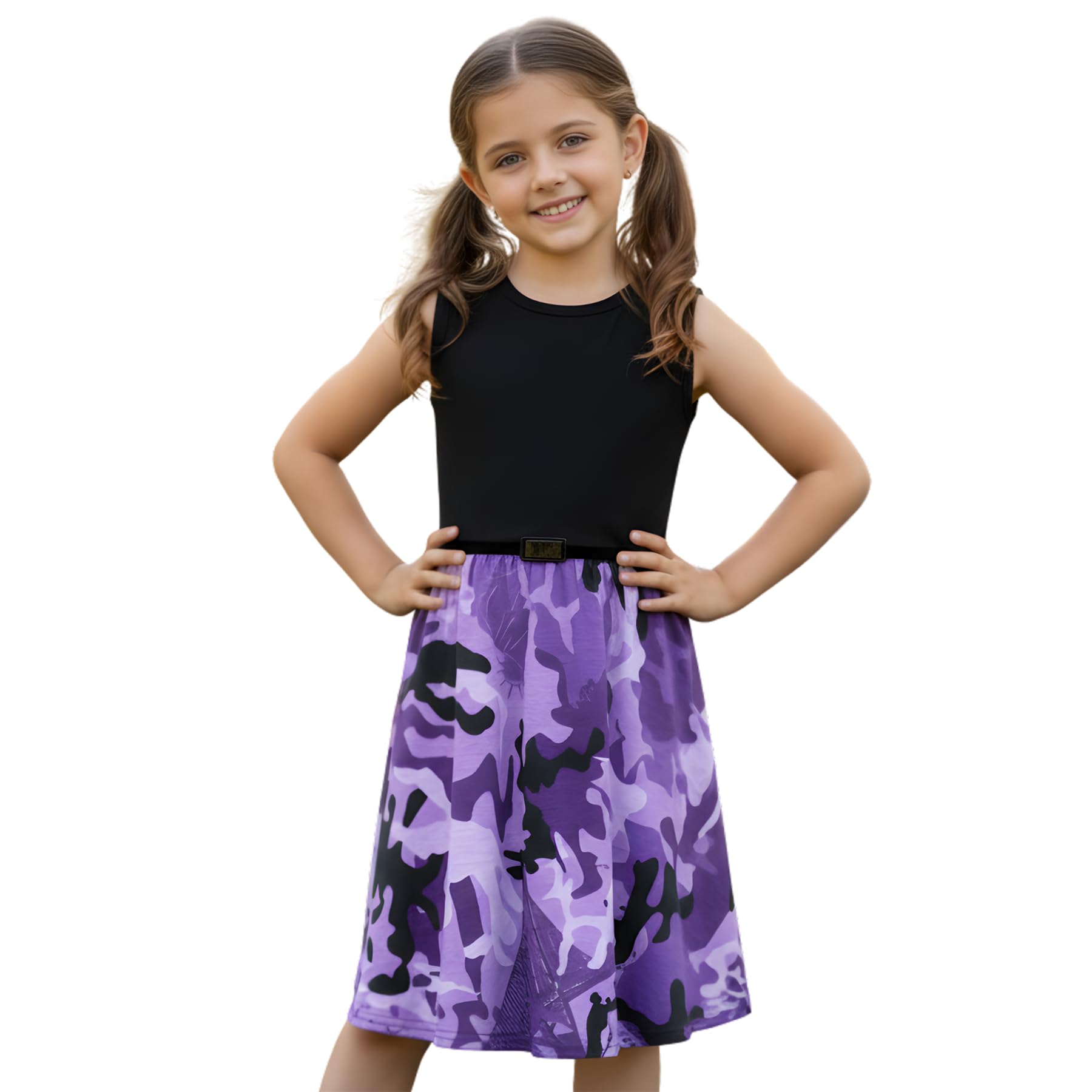 A2z 4 Kids Girls Purple Skater Dress Floral Belted Summer Party Dance - Skater Dress Camo Panel 13