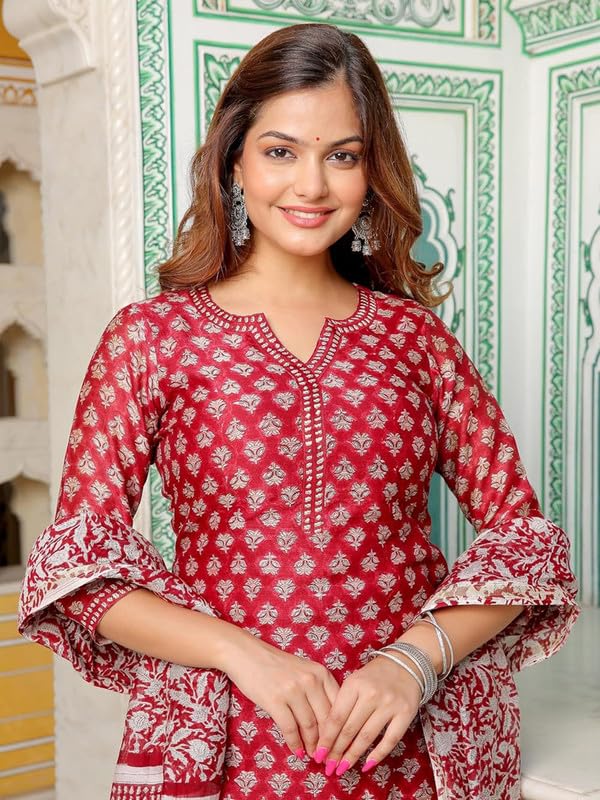 Pinkmint Women Cotton Blend Straight Printed Kurta With Pant & Dupatta Red