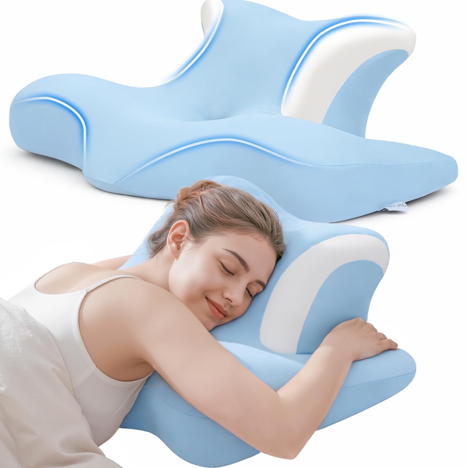 COSYLAND Orthopedic Memory Foam Pillow for Neck and Shoulder Pain - Ergonomic Side Sleeper Pillow - Cervical Support Pillow for Back, Stomach or Side Sleeping with Removable Cover (Light Blue)