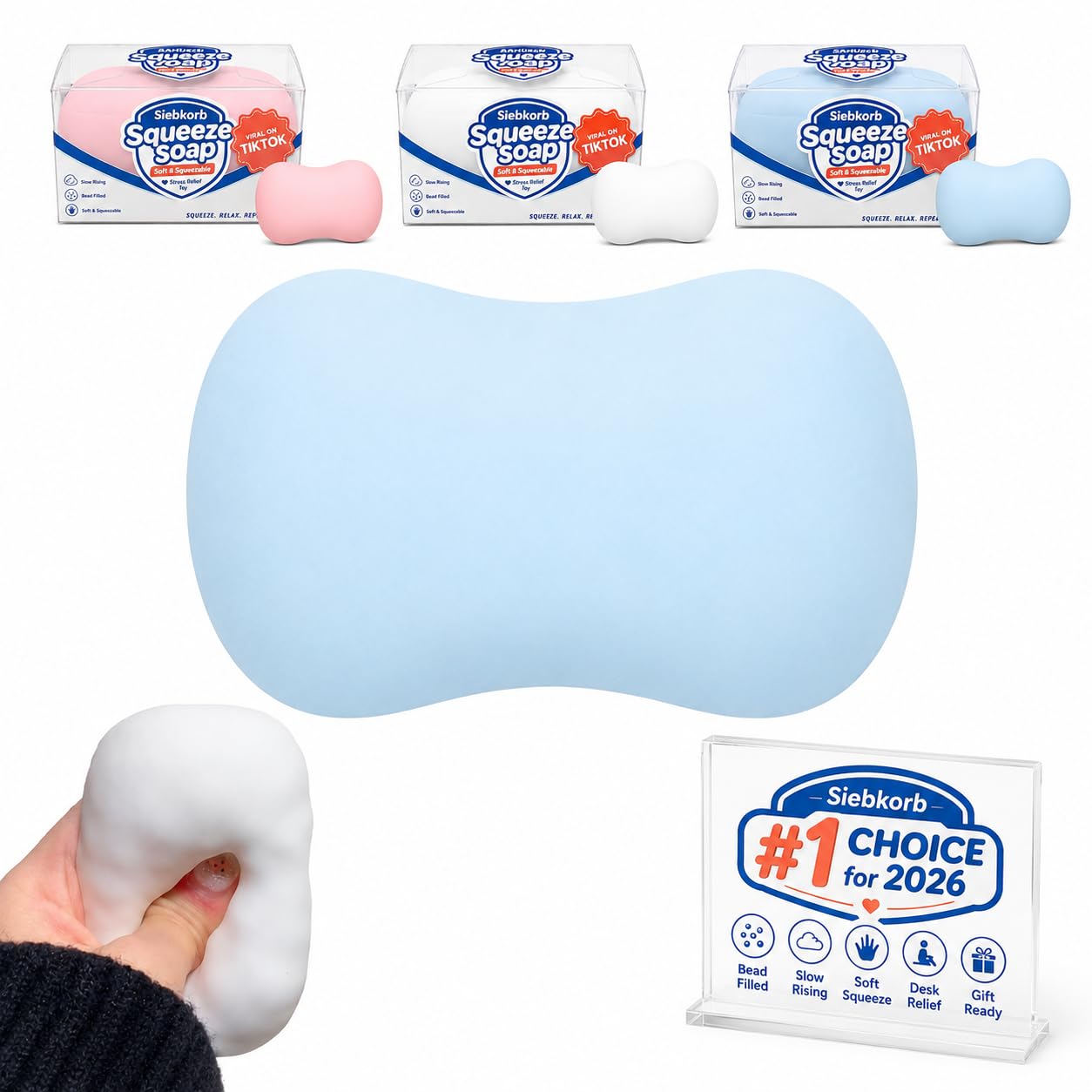 Crunchy Soap Squishy Asmr Stress Ball, Realistic Handmade Bar Soap Shape Bead Filled Crunchy Squishies Stress Ball, Cute Squeeze Sensory Fidget for Adults Office Anxiety Relief (Blue) — image 1