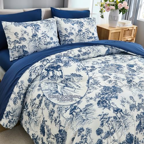 Image of DJY Navy Blue Comforter Set Queen Size,7 Pieces Bed in a Bag Botanical Comforters with Sheets Elegant Plants Print Soft Microfiber Reversible Complete Bedding Sets for All Season