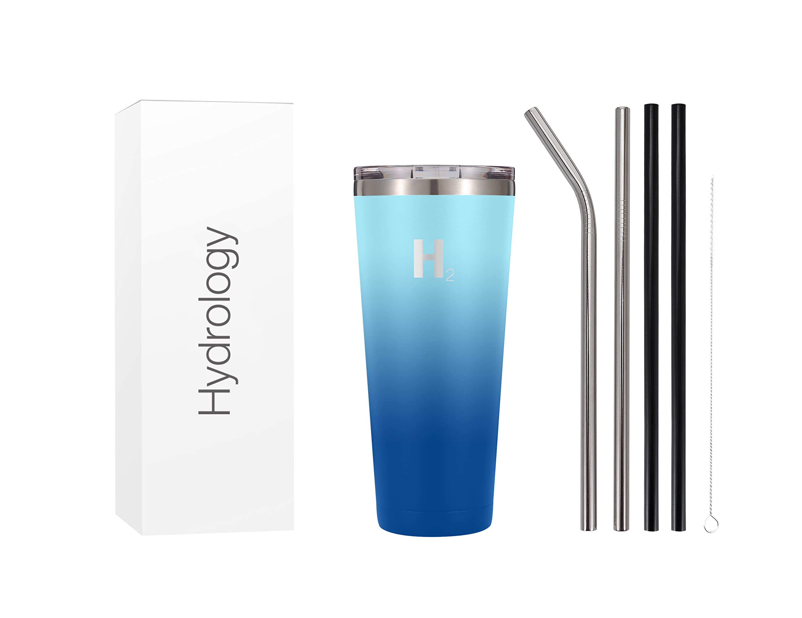 H2 Hydrology Classic Tumbler - Stainless Steel Large Double Wall Tumblers, Metal Water Tumbler with Straw, Anti-Slip Vacuum Coffee Tumblers Cup, 4 Stainless Steel Straw Included (32 Oz, Cool Water)