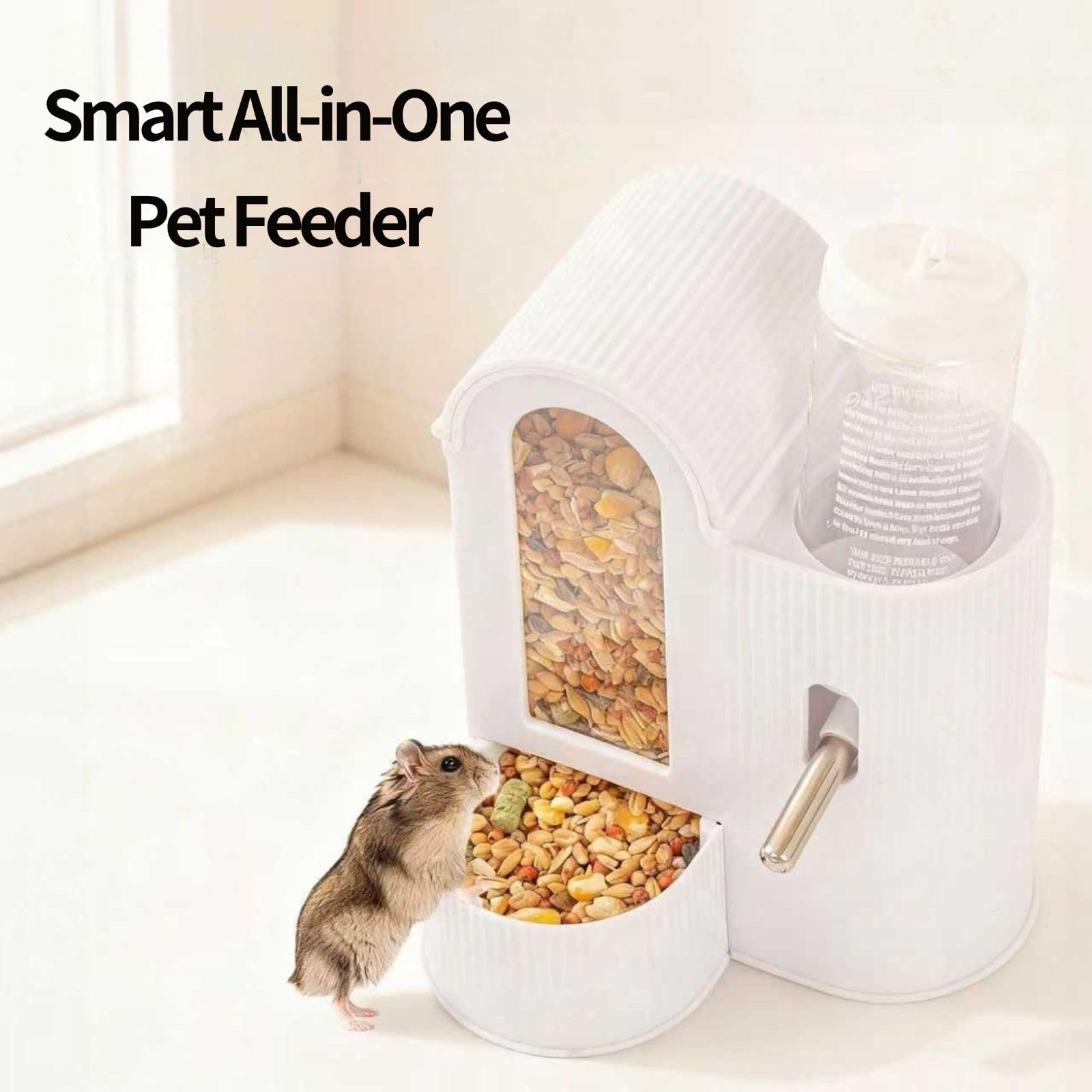 2-in-1 Hamster Food Dispenser & Hamster Water Bottle, Large Capacity Automatic Feeder for Guinea Pigs, Rabbits, Hamsters & Other Small Pets (White) - image 2