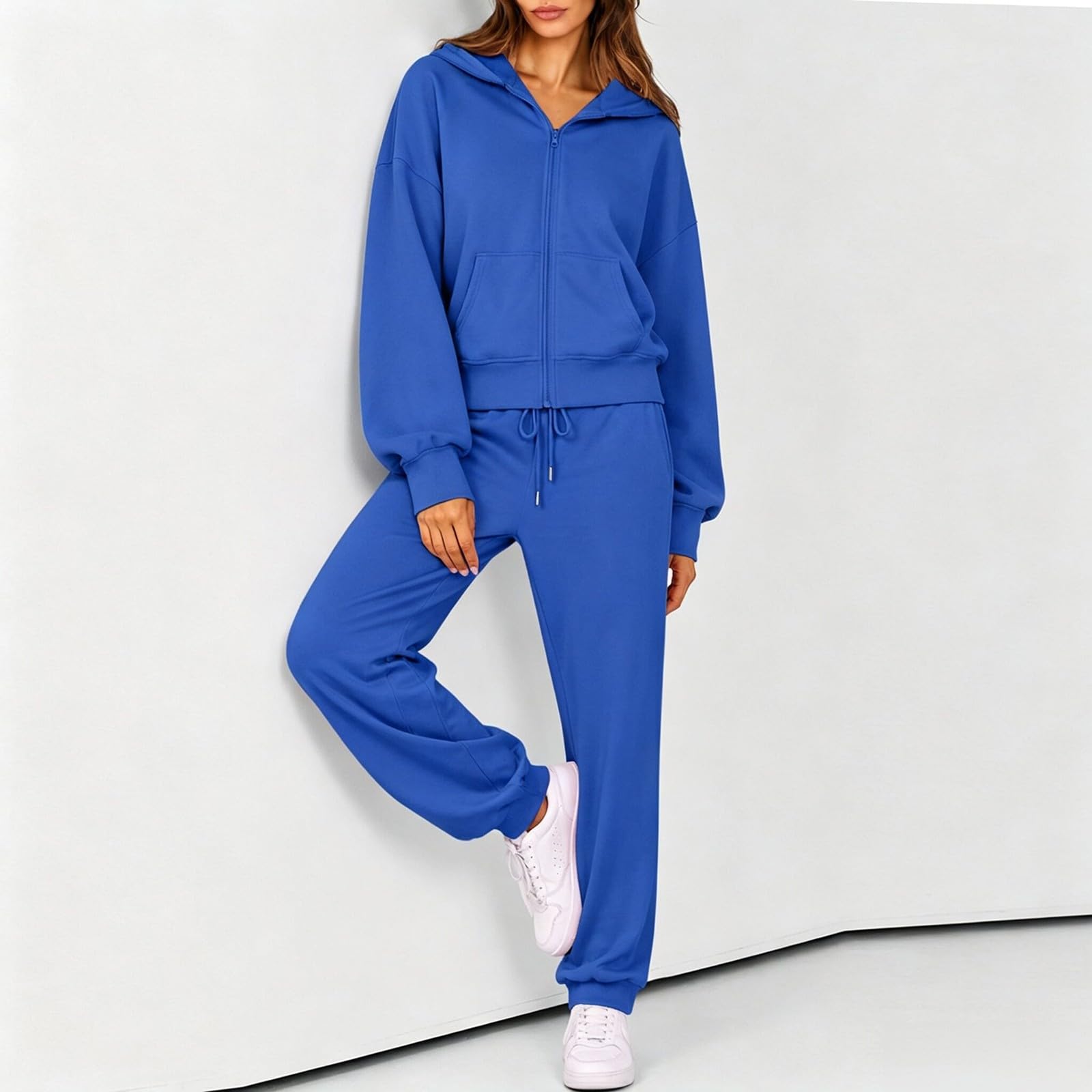 Ensemble de jogging pour femme avec capuche - Survêtement de sport en coton | Sweat à capuche décontracté avec fermeture éclair, veste à capuche, couleur unie, pantalon de survêtement, coupe classique