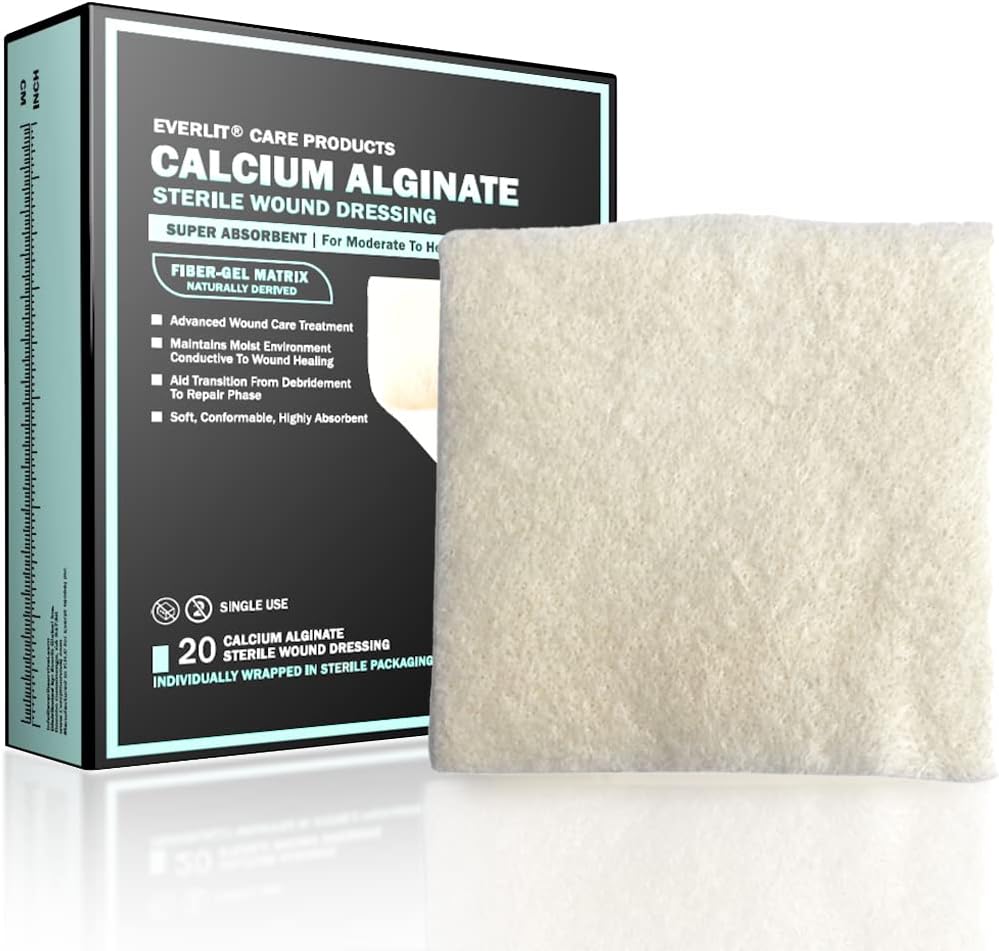EVERLIT Calcium Alginate Wound Dressing | Gentle, Non-Stick Sterile Dressing Pad | Soft and Highly Absorbent Bandage with Soothing Gel Matrix (Pack of 20)