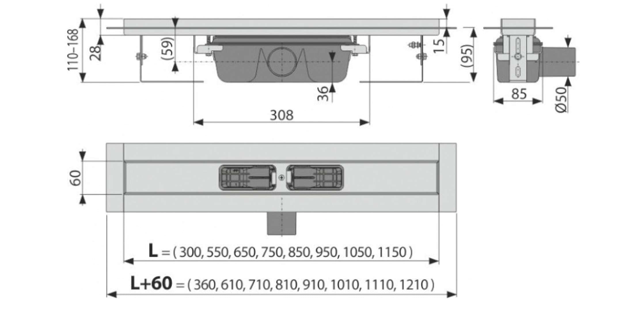 Alca PLAST APZ104 Flessibile Rinne, canale di scarico a pavimento per doccia con griglia in acciaio inox – 1000 mm