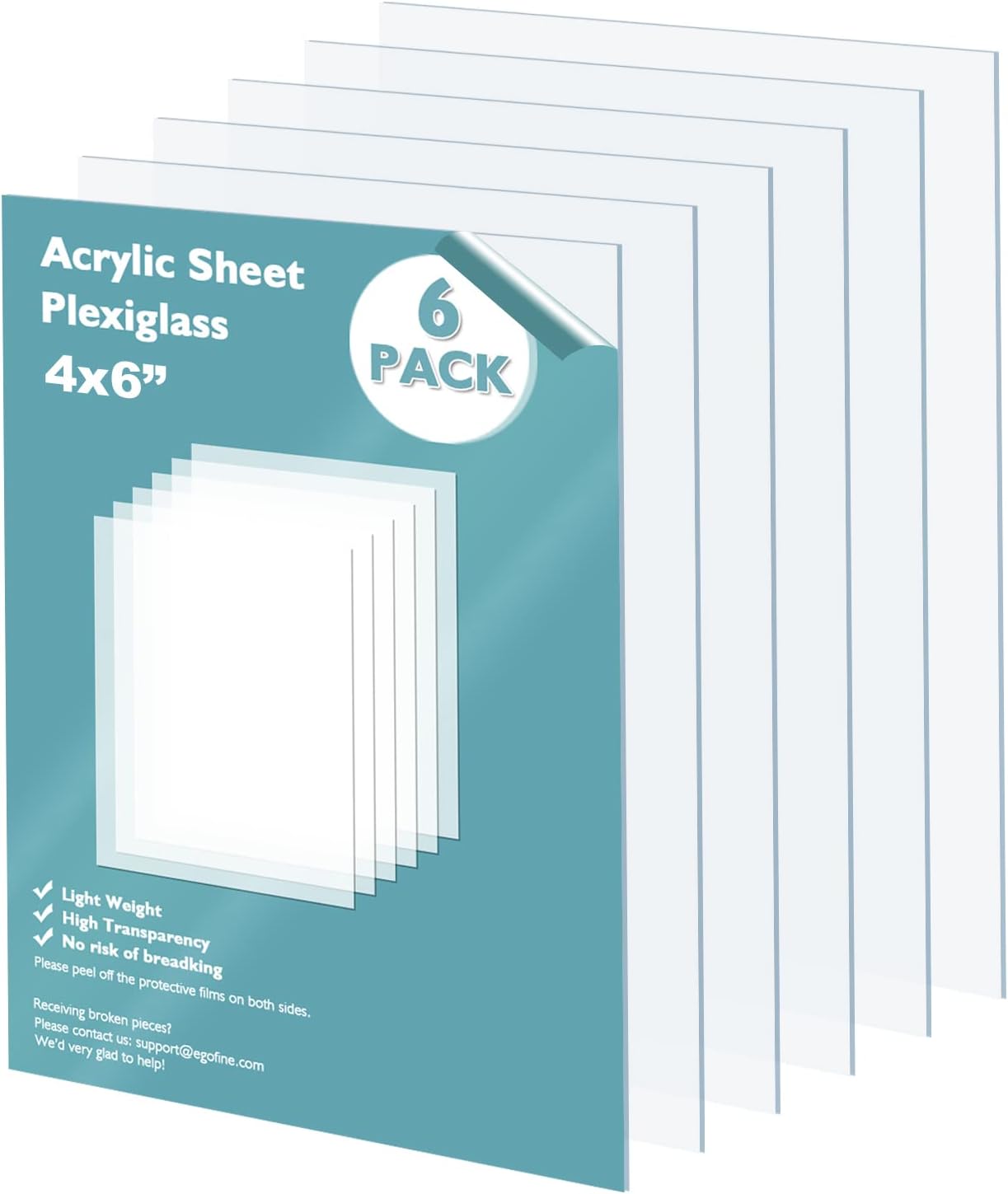 Egofine Plexiglass Sheets Acrylic Sheets 6 Pack of 4x6’’ 0.04 Thick Clear Plastic Cast Transparent Plexi Glass for Crafting Projects, Replacement Picture Frame Glass, DIY Display, Easy to Cut