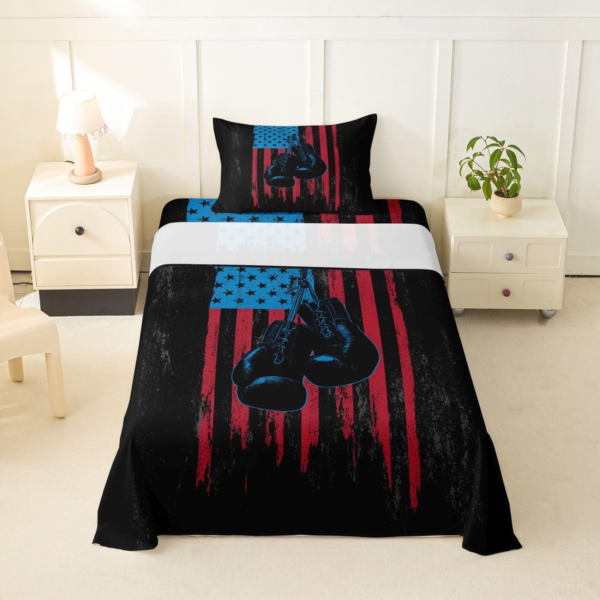 jejeloiu Boxing Bed Sheets Set Twin Size Sports Games Theme Bed Set for Kids Boys Girls Boxing Gloves Deep Pocket Fitted Sheet Pugilism Games Breathable Soft Lightweight Microfiber