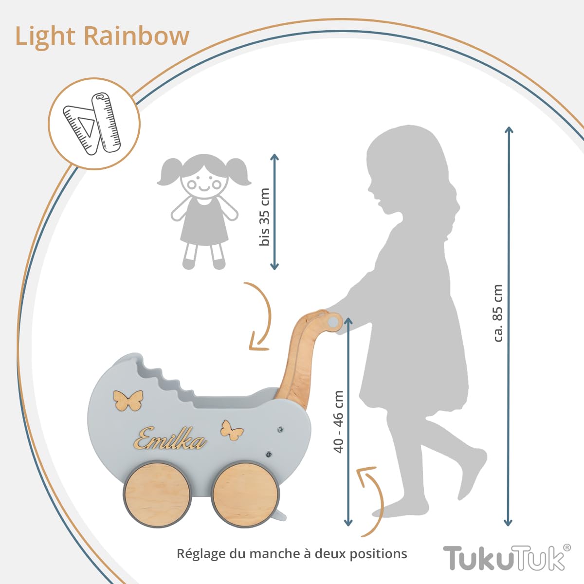 Landau de Poupée en Bois Light Rainbow Individuellement avec des Noms - Chariot Pousseur bébé Bois - Poussette Poupee Décoration - Poussette Canne Poupee - Chariot Enfant (Gris)