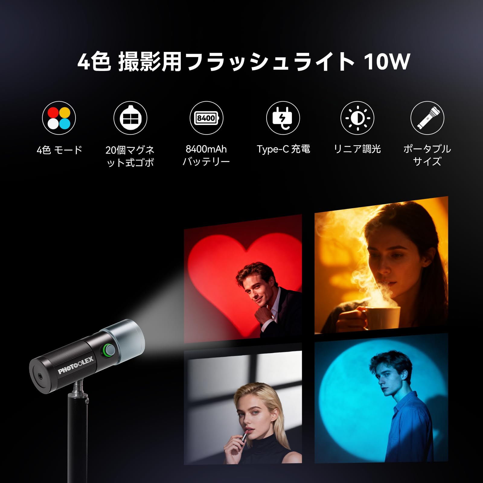 Amazon | PHOTOOLEX 4色撮影用LEDライト 20枚マグネット式パターンゴボ