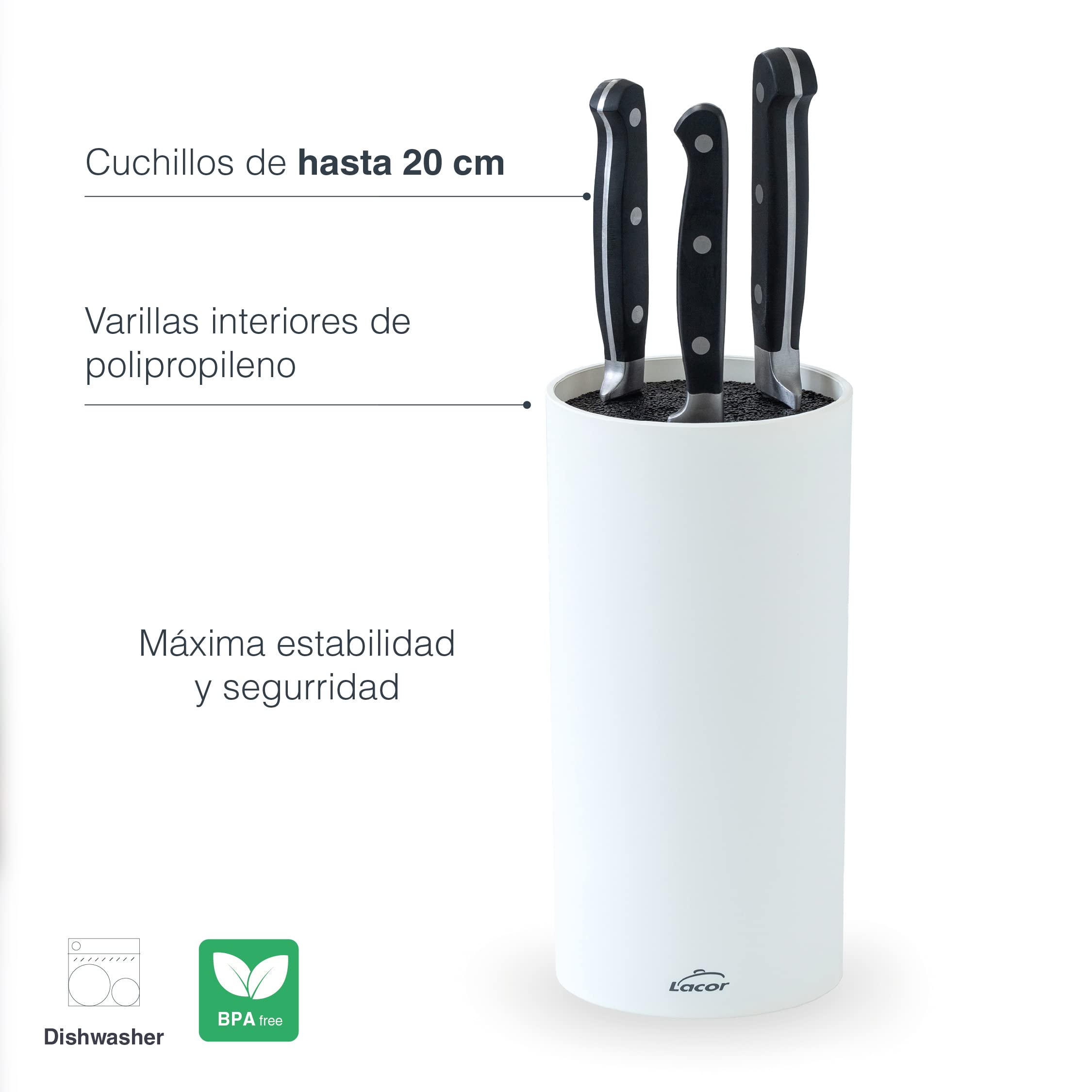 Lacor - 39037 - Taco de Cuchillos White, Bloque Universal para Cuchillos, Multidireccional, Color Blanco mate, Ø11cm, Altura 22cm, Apto para Lavavajillas.