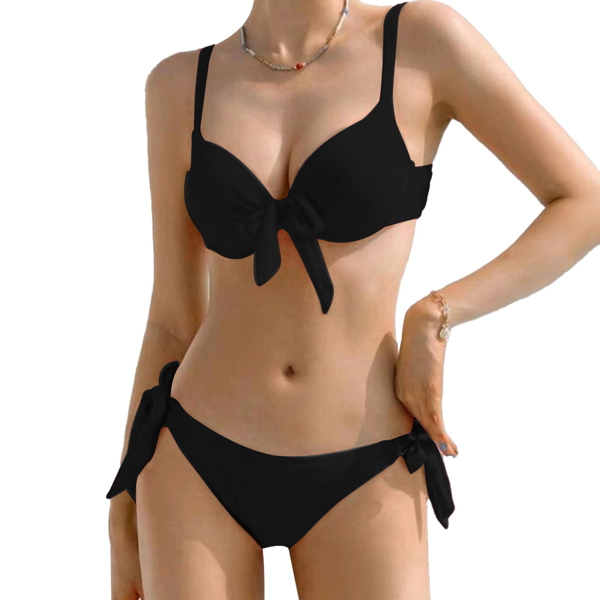 Bcenoilua Bikinis Mujer Traje de Baño de Dos Piezas Sexy Lazo Acanalado Bikini Ajustable Halter Triángulo Tanga de Dos Piezas Alta Ropa de Playa Verano