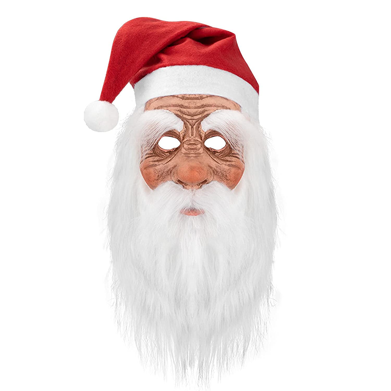 Senua Santa Claus Latex Mask, Christmas Holiday Cosplay Decoration Santa Claus Face Cover Christmas Face Mask White Beard Red Cap Realistic Latex Full Face Headgear for Adults