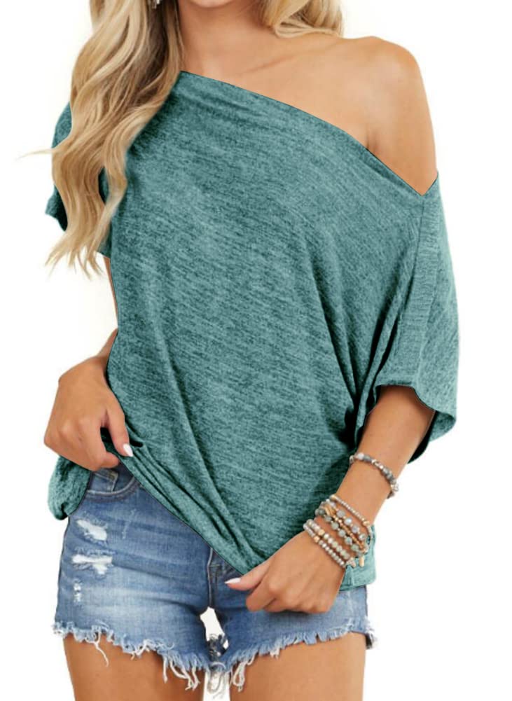 INFITTY Women's Off Shoulder Tops Short Sleeve Casual Loose Batwing Shirts Oversized Blouse Tunic