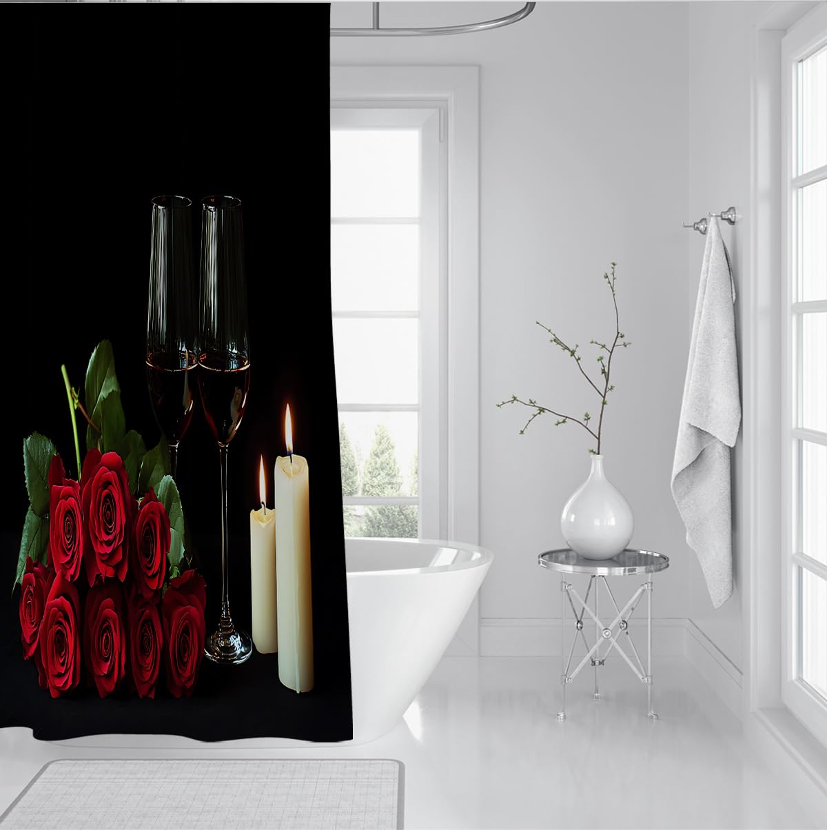 Eleganter Duschvorhang mit schwarzem Hintergrund, romantische rote Rosen, brennende Kerzen und Weingläser, Duschvorhang, luxuriöse Badezimmerdekoration wasserdicht 180 x 200 cm
