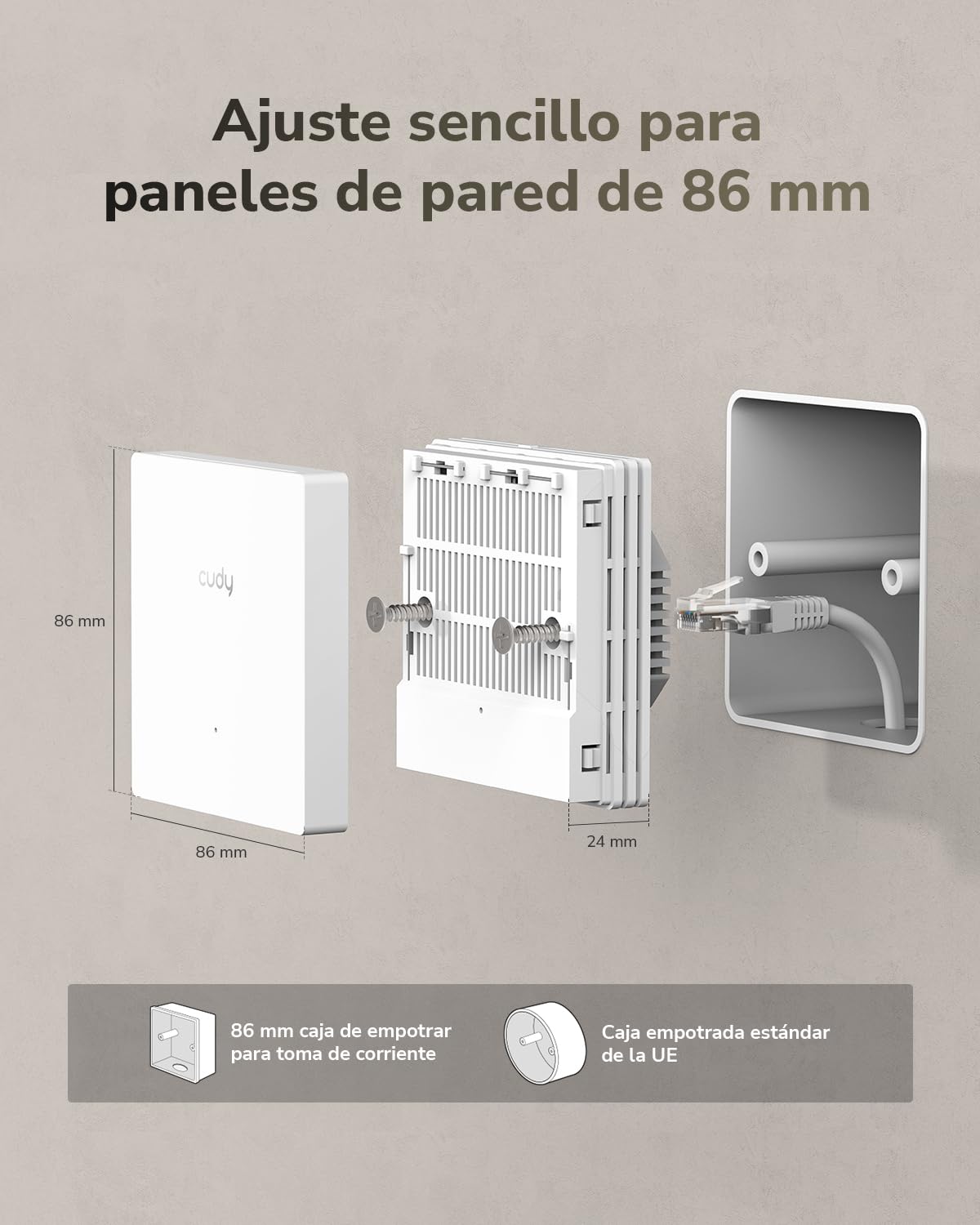 Cudy AX3000 Punto de Acceso Wi-Fi 6 de Pared, 2.5GbE PoE, AP3000E Wall | 2402+574 Mbps, 50 m², 60+ Clientes, 1x 2.5GbE, 1x Gigabit LAN, PoE/PoE Pasivo, Multi-SSID, VLAN, Portal Cautivo