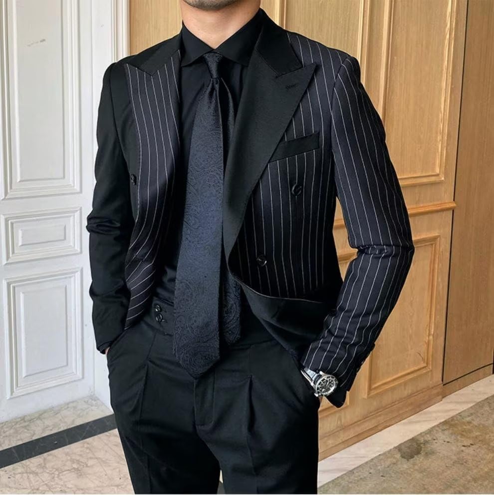 HZUOU Men's 2 Piece Striped Suits Slim Fit 2023 Autumn Double Breasted Blazer Jacket Pants Set for Wedding Prom Party UOU353