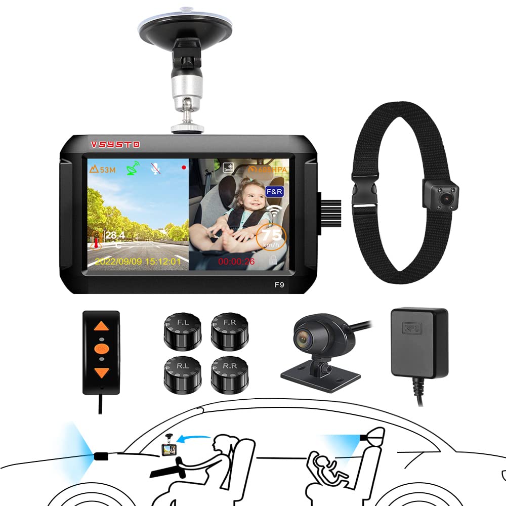 VSYSTO Dash Cam Moto - Caméra 1080P Avant/Arrière, Écran 5" Tactile, GPS, Capteur Pression Pneus, Compatible CarPlay/Android Auto