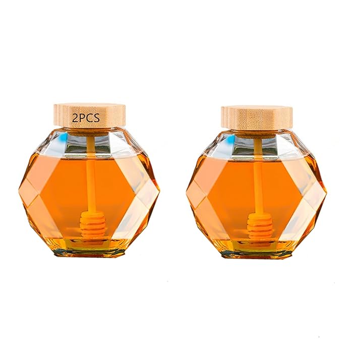 Buy 2 Pieces of Crystal Shaped Glass Honey Jar, Wooden Lid With Dipper